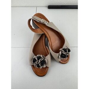 Zoli Slingback Sandals Women Beige Leather Flower Peep Toe Block Heel‎ Size 36 6